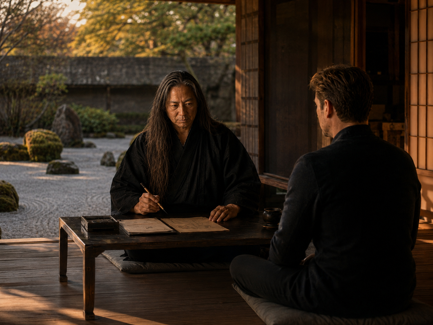 Master NONAKA in consulto privato con un cliente occidentale accanto a un giardino secco giapponese