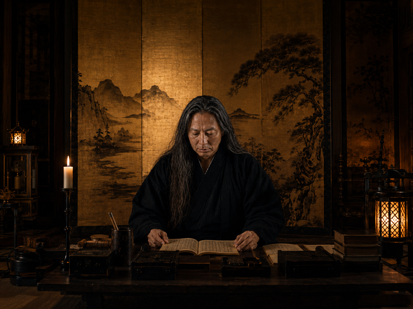 Master NONAKA legge dei documenti davanti a un paravento dorato in una stanza giapponese in penombra